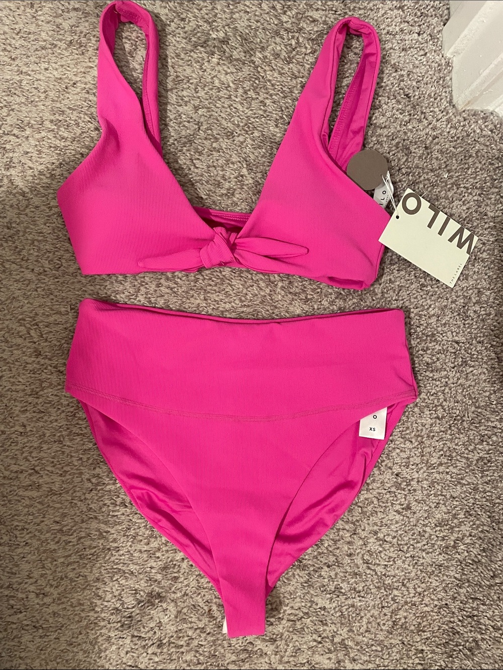 Wilo the label Bright Pink Tie-Front ribbed high waisted Bikini Set xs nwt